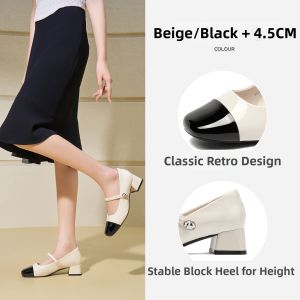 Josiny | Thick Heel Shallow Mouth Mary Jane Shoes for Women French Color Block Square Toe White