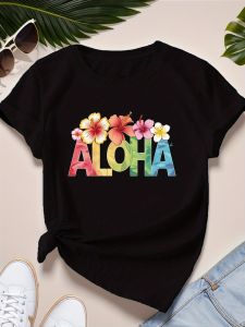 ALOHA with Tropical Flowers Womens Sports Short Sleeve T-Shirt Summer Short Sleeved Harajuku Streetwear Tops Aesthetic Clothes