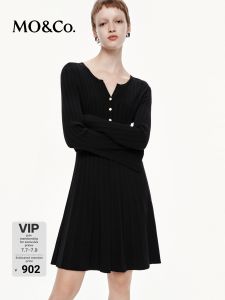 MO&Co. | Autumn and Spring Embossed Button Partial Front Open Cinched Waist Dress