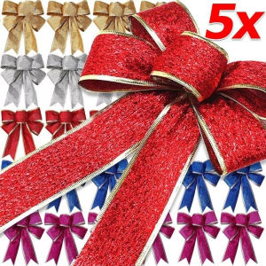 5pcs Christmas Tree Bowknot Ornaments / 21cm Frosted Bowknot Xmas Hanging Pendant Decorations / Glitter Christmas Tree Topper Bow with Glitter Gold Edge
