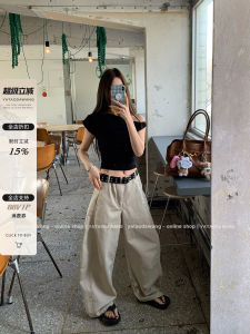 Casual Wide Leg Pants Straight Cut Light Beige Womens Loose Fit High Waist Long Straight Tube Pants Comfortable Leisure Trousers