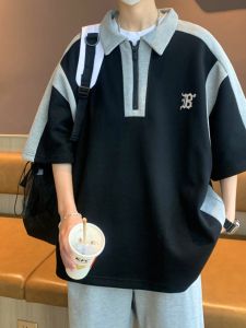 American Style Spliced Polo Shirt Men Summer Color Block Collar Short Sleeve T-Shirt Student Loose Casual Half Zip Five Sleeve