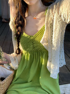 Summer New Gentle Forest System INS White Show Strap Dress Knitted Splicing Loose Slimming Skirt High Waist A-Line Dress