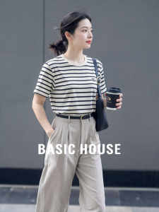 Basic House | Contrast Color Cotton Stripe Printed Round Neck T-shirt