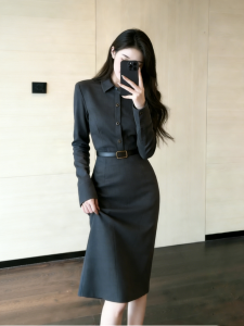 QFN | Sophisticated and Elegant Slimming Gray Long-sleeve Shirt Dress