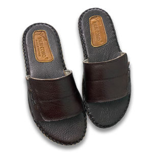 Dép quai ngang nam da bò may viền đế thời trang