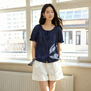 INMAN | Lace Stitched Tie-up Puffed Sleeve French Style Navy Blue Blouse