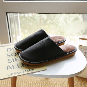 Genuine Leather Cotton Slippers Mens Winter Home Indoor Waterproof Non Slip Couple Fleece-Lined Heattech Pure Cowhide Slippers Women For Home