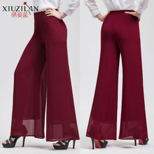 กางเกงกระโปรงผ้าชีฟองฤดูใบไม้ผลิและฤดูร้อนกางเกงขายาวเอวสูงกระโปรงยาวไซส์ใหญ่กางเกงผ้ามุ้งทรงหลวมกางเกงขากว้างทรงสอบแหวกข้างแฟชั่นสำหรับผู้หญิง