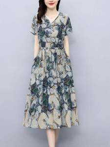 ชุดเดรสยาวปานกลางพิมพ์ลายฤดูร้อนปี 2024 ทรงหลวมเอวเข้ารูปป้องกันแสงแดดพร้อมผ้าคลุมหน้ากากปิดใบหน้า ชุดคลุมผิวหนังสำหรับฤดูร้อน