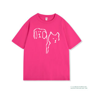 Summer New Womens Cat Dog Print Cotton T-Shirt Short Sleeve Loose round Neck Half Sleeve Design Casual Top for Ladies