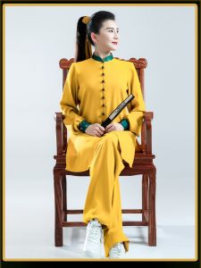 New Tai Chi Uniforms for Men And Women in Spring And Autumn Bright Yellow Silk Draping Martial Arts Performance Competition Clothing