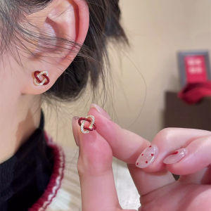 Elegant Red Diamond Knot Rope Stud Earrings Minimalist Cool Style Unique Design Fashionable Luxury Ear Jewelry