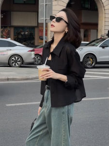 Black Polo Collar Sun Protection Shirt Womens Lightweight Short Style Outerwear Cardigan Summer New Arrival Simple Style