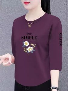 Pure Cotton Ladies T-Shirt Casual Loose Seven-Quarter Sleeve round Neck Summer New Style Korean Version Slimming Top