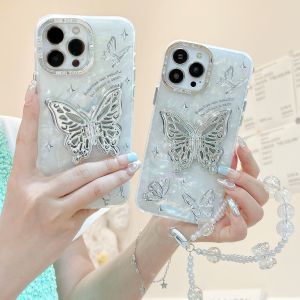 [Nóng] họa tiết bướm vỗ khung kim loại bằng bạc mạ điện vỏ điện thoại IMD có chân đế & Vòng đeo tay cho iPhone x XS XR 11 12 13 14 15 Series