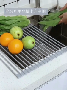 [iRojak] Foldable Sink Drain Rack Stainless Steel Drainer Roll Up Dish Drying Rack 水槽滤水架 Rack Sinki - KW10