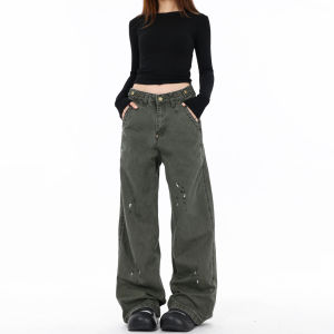 American Style Rustic Military Green Straight Leg Workwear Pants Adjustable Loose Casual Trousers for Men And Women