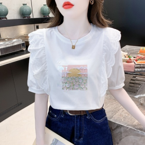 Stylish Ruffled Short Sleeves Print T-Shirt Female Summer New Arrival K-style Western Style Youthful-Looking White Pure Cotton Top Clothes