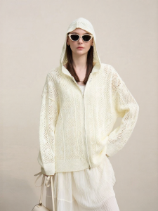 AMII | Hooded Lace Hollow-out Cable Stitch Sweater