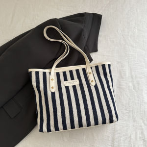 Retro Artistic Large Capacity Shopping Bag Tote Casual Fashion Shoulder Bag Simple Fresh Stripes Korean Style Handbag