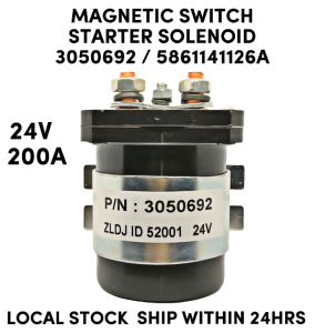 Magnetic Switch Starter Solenoid 3050692 5861141126A  [24V 200A] [LIMITED STOCK. READY TO SHIP WITHIN 24HRS.] COMPATIBLE Rodgers 586-114111 586-114112-6A 586-905 Skyjack 103101 146475 EZGO 20468G3 FOR CUMMINS KOBELCO AND MORE