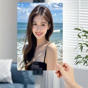 Metal Women Wall Art Iron Plate Korean Female Face Haircut Design Black Dress Ocean Waves Sign