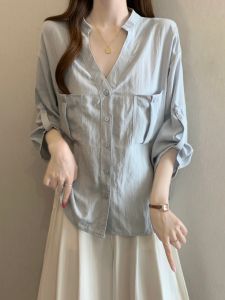 Áo Dài Tay 7/8 Che Khuyết Điểm Cổ V Hai túi Kích Cỡ Lớn