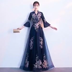 DINNER DRESS Women Floral Embroidered Elegant Lace Flared Sleeve Long Evening Dress 蓝色高贵优雅喇叭袖长款晚礼服