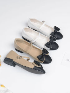 French Style Shallow Mouth Bowknot Round Toe Low/Medium Chunky Heel Leather Shoe