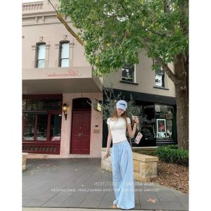 กางเกงขายาวทรงหลวมสีขาว กางเกงขายาวทรงหลวมเอวยางยืด กางเกงขายาวลำลองสำหรับผู้หญิง ฤดูใบไม้ผลิและฤดูร้อน ใหม่ล่าสุด กางเกงขายาวทรงหลวม