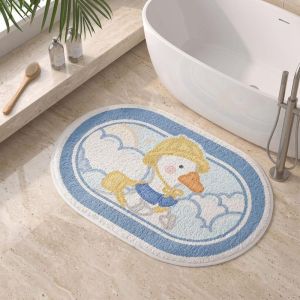 VIKAMA Cute Cartoon Duck Oval Bath Mat Blue Border Cloud Pattern Non‑Slip Water Absorbent Bathroom Rug For Kids Room Decor