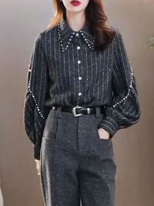 Trendy Striped Shirt Womens Collared Commute Style Early Autumn New Fashionable Versatile High-End Feeling Top