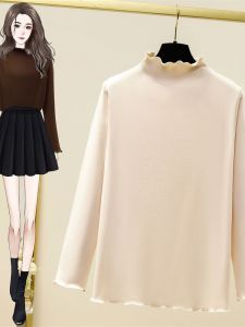 Womens Long Sleeve T-Shirt Half High Collar Wooden Edge Design Slim Fit Base Shirt Pure Color Versatile Inner Wear Top