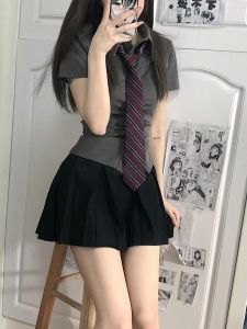 Áo Sơ Mi JK Pure Desire Co Giãn Tay Ngắn Ôm Vừa Vặn Thiết Kế Xếp Ly Sensual Màu Xám Thời Trang Mùa Hè Áo Sơ Mi Cotton