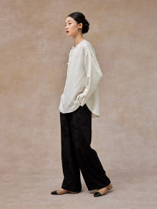 Wepa Chinese Style Shirt round Neck Embroidered Floral Side Slit Loose Fit Womens Top Zen Spirit Summer Polyester