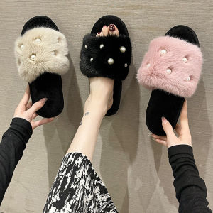 Export New Arrival Furry Flats Slippers for Women Fashion Slippers Home Large Fur Pearl Opening Cotton Slippers Cross-Border