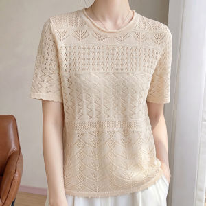 DONGYINUAN | Fashion Linen Tencel Lace Knit Short Sleeve Summer Round Neck Refreshing T-Shirt