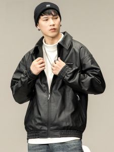 ROMON | Romon Mens Leather Jacket Loose Casual Stylish Trendy Biker Collar Zipper Decorated Fashion Urban Style Autumn Season Youth