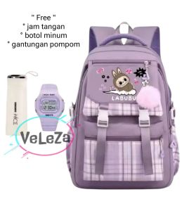 Tas ransel anak perempuan LABUBU tas ransel sekolah SD SMP free botol minum jam tangan gantungan pompom tas ransel