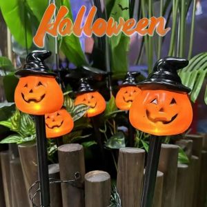 Set of 5 Solar Pumpkin Pathway Lights for Halloween Decorations Outdoor 8 Modes for Halloween Party Porch Yard Cemetery Decor