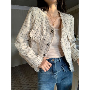 Fall 2024 New Design Loose Short Plaid Long Sleeve Open Cardigan Womens Outerwear Fragrance Style with Frayed Edge round Neck Single Button