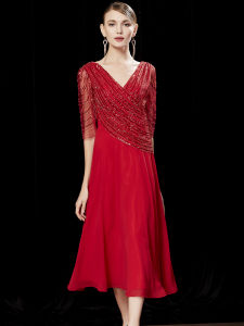 Elegant Young Wedding Dress for Mother of the Bride High-End Cheongsam Skirt Suit V-Neck Batwing Sleeve Middle-aged Womens Fashion