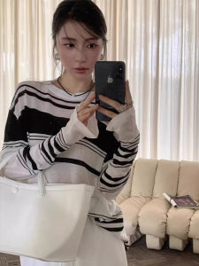 YUEZHONGWEI | Summer Thin Long Sleeve Knitted Top Womens Translucent Air Conditioning Sun Protection Cover Up Striped Mesh Outerwear Blouse