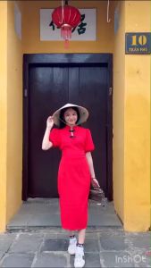 SS274 เดรสกี่เพ้า คอจีนแขนตุ๊กติดกระดุมดอกสีดำ ผ่าแหวกด้าน2ข้าง