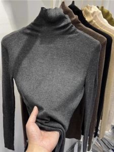 Korean Style Grey Knitted Long Sleeve High Collar Base Shirt Womens Fashion Slimming Inner Wear Top for Autumn New Arrival