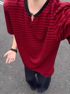 OUMULONG | Red Stripes V-Neck Loose Mens T-Shirt