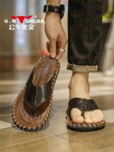 Bull Family Genuine Leather Mens Summer Anti-Slip Wear-Resistant Slip-On Casual Popular Sandals Comfortable Breathable Slipper