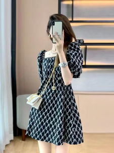 French Style Embroidered Bubble Sleeve Square Collar Mini Dress Womens Summer New Slimming High Waist A-Line Skirt Dress
