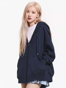 Rose Same Zipper Hooded Sweatshirt Female Navy Blue Spring Autumn and Winter American Cardigan Outerwear Top Ins Fashion